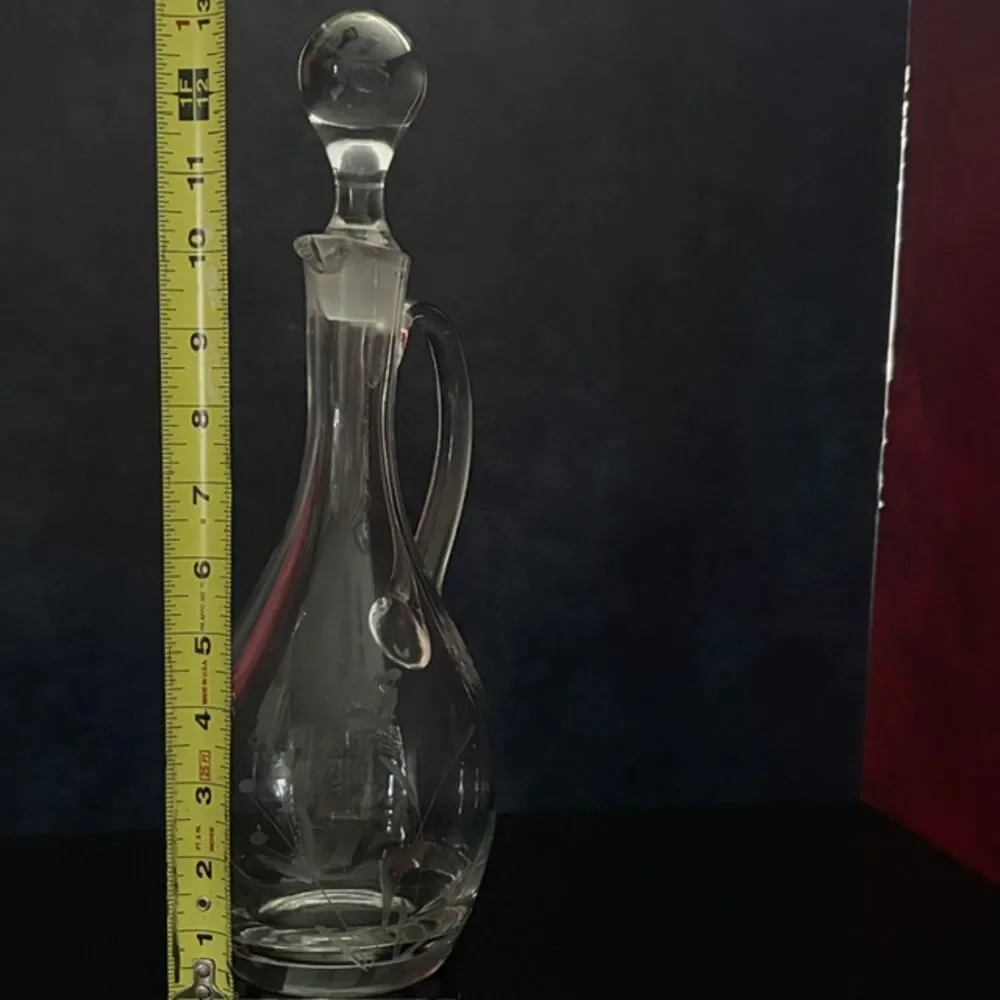 Vintage Etched Floral Glass Decanter Cruet Stopper Handle 12